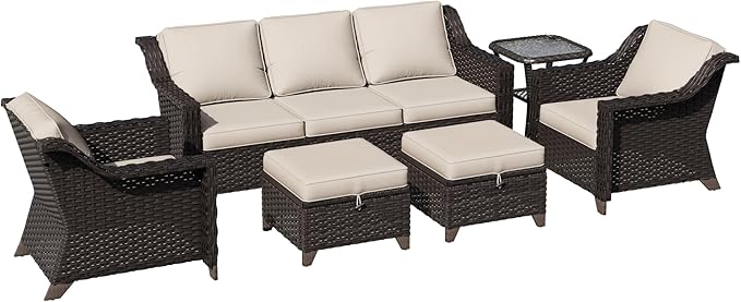 6 Pieces Patio Conversation Furniture Set - 1 Sofa, 2 Armchairs, 2 Ottomans, 1 Side Table, Outdoor Wicker Furniture with Removable Cushions for Porch, Balcony, Sunroom (Beige)