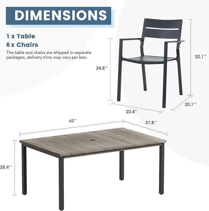 DIFY 7 Pieces Outdoor Patio Dining Set, 6 Grey Stackable Metal Dining Chairs and 63" Grey Wood-Like Rectangle Dining Table, Outdoor Table and Chairs for Lawn Garden Backyard Deck