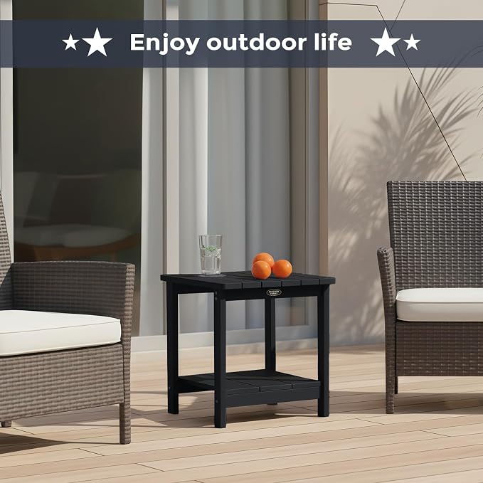 Adirondack Square Outdoor Side Table, 2-Tier Patio Side Table, HDPS End Tables for Porch, Deck, Backyard, Garden, Poolside, Beach, Easy Assembly, Black