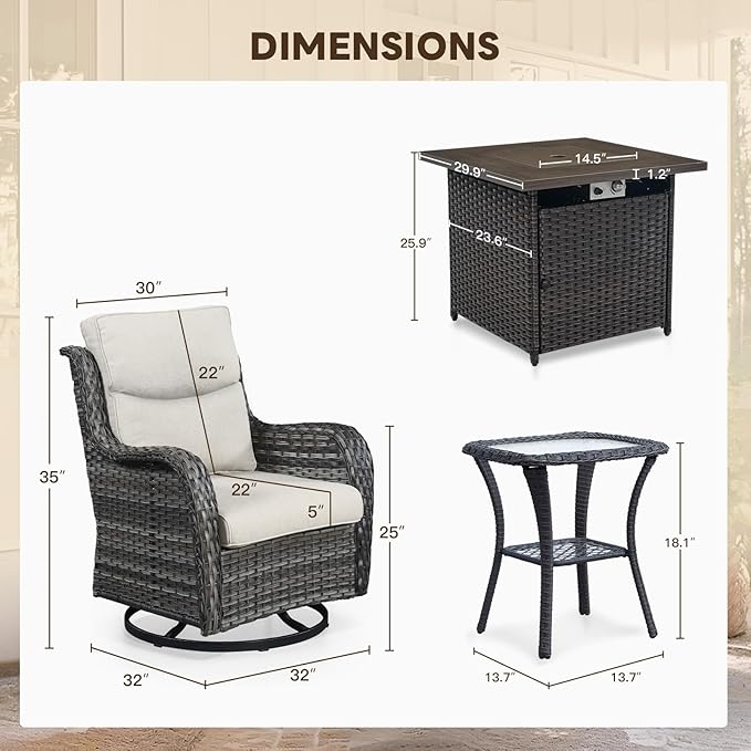 Patio Luxury Conversation Set 6PCS Resin Wicker Swivel Chairs Set, 4 Swivel Patio Chairs with Rattan Side Table and 30in Square Wicker Fire Table Set Brown Wicker|Beige Cushions