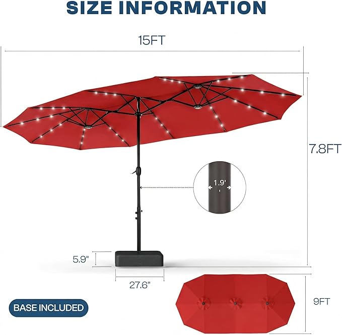 15FT Large Outdoor Patio Umbrella with Solar Lights and Base, Double-Sided Table Umbrellas with 48 LED Lights, Rectangle Market Umbrella for Pool, Deck, Backyard