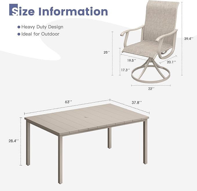 VICLLAX 7 Pieces Patio Dining Set, Patio Furniture Set of 6 Patio Swivel Dining Chairs and Rectangular Patio Table, Sandshell Chairs & Sandshell Tabletop