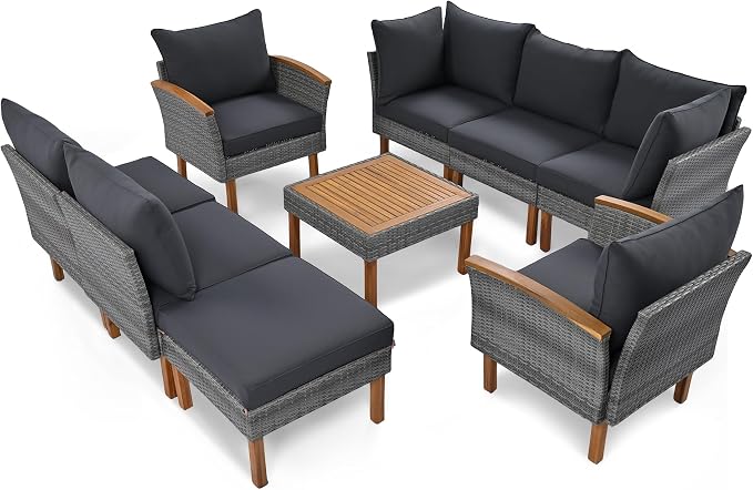 9 Piece Patio Furniture Set, Outdoor Conversation Set with Acacia Wood Legs and Tabletop,All Weather PE Rattan Sectional Sofa Set with Coffee Table, Washable Cushion, Grey