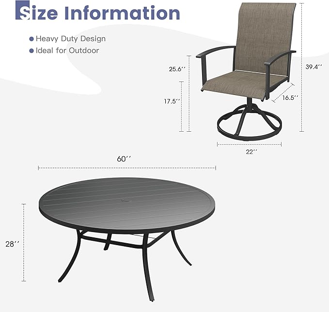 VICLLAX Outdoor Table and Chairs Set for 8, Patio Dining Set of 60 Metal Round Patio Table with Umbrella Hole & 8 Swivel Outdoor Dining Chairs for Backyard Lawn, Mixed Brown & Black