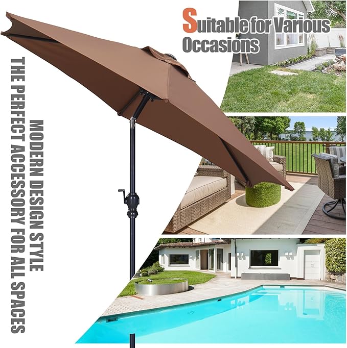 GDY 7.5ft Patio Umbrella Outdoor Umbrella with Tilt, Crank and Umbrella Weighted Base, for Yard/Outdoor/Wedding Parties and Events (Coffee)