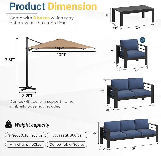 Wisteria Lane 6 Pieces Aluminum Patio Furniture Set with Umbrella, All Weather Oversized Outdoor Furniture Set with Deep Seat and Back Cushion, Patio Conversation Sets with Wide armrest, Blue & Kahki