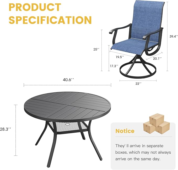 VICLLAX Patio Dining Set for 4, 5 Pieces All Weather Outdoor Dining Set - 40.6" Square Outdoor Table and 4 Patio Swivel Chairs for Lawn Garden, Black Tabletop and Blue Fabric