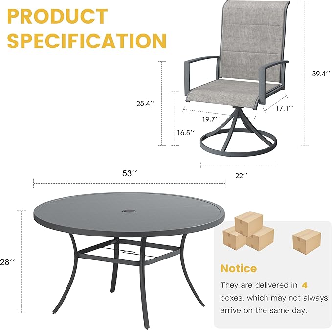 VICLLAX 7 Pieces Patio Dining Set for 6-Outdoor Furniture Includes 53" Round Outdoor Table and Swivel Padded Chairs, Grey Tabletop and Grey Fabric