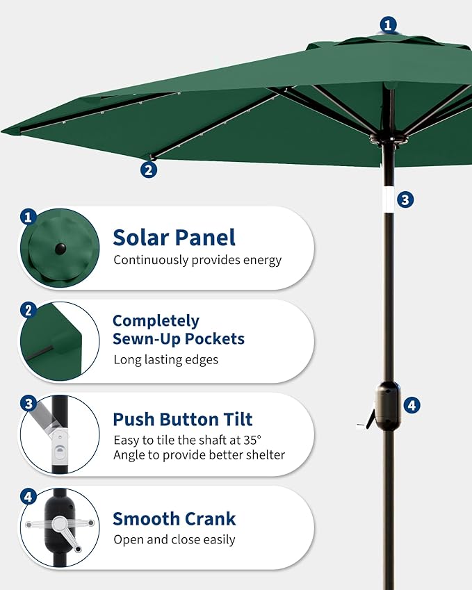 GarveeLife 10 ft Patio Umbrella with Solar Lights, 8 Ribs Outdoor Market Table Umbrella with 40 LED Lights & Tilt Crank for Pool, Deck, Backyard (Dark Green)
