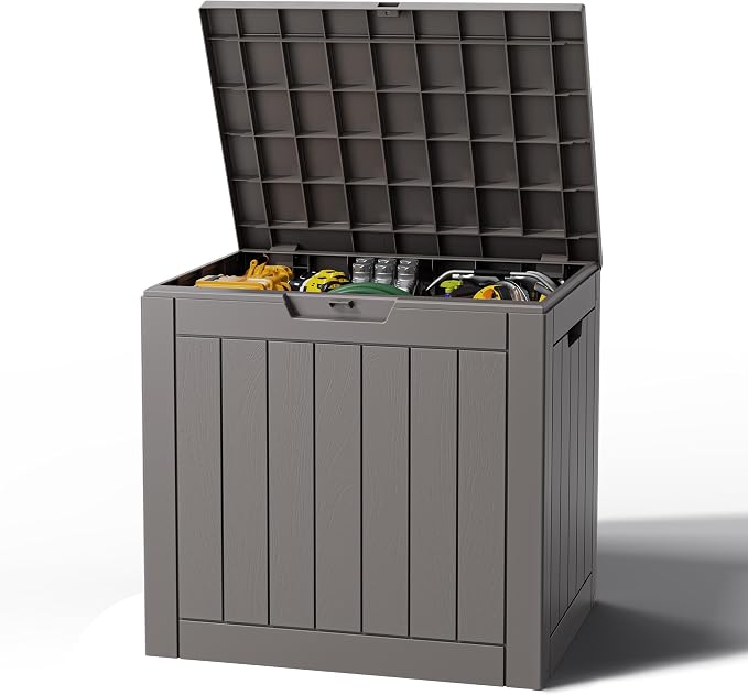Outdoor Storage Box, Resin Deck Boxes Indoor and outdoor, Waterproof Storage Box Lockable Lid (Grey,31 Gallon)