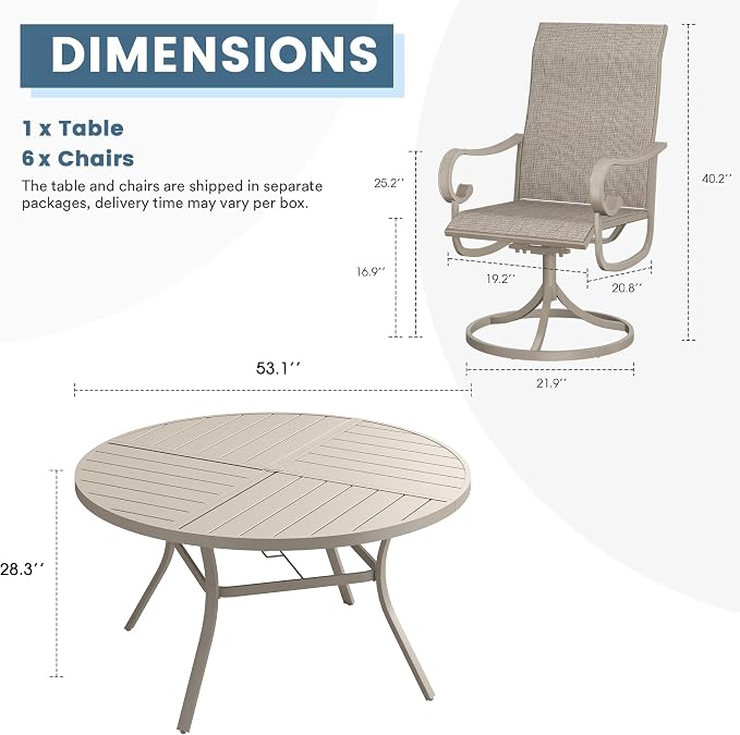 DIFY 7 Piece Outdoor Dining Set for 6, 53.1" Round Metal Dining Table with Umbrella Hole and Swivel Patio Chairs with Textilene Fabric, Patio Table and Chairs Set for Garden Backyard Deck, Sandshell