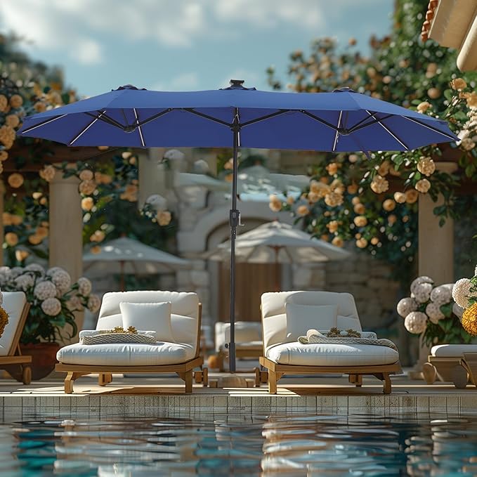 GREEN PARTY 13ft Outdoor Patio Umbrella with Solar Lights, 120 LED 12-Mode Large Double Sided Rectangular Table Umbrella, Heavy Duty Triple-Head Shade for Backyard Deck & Poolside, Navy Blue(No Base)