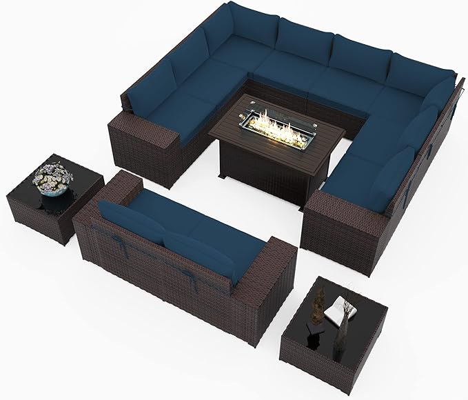 13 PCS Outdoor Patio Furniture Set,Outdoor Sectional Furniture with 43" 55000 BTU Gas Propane Fire Pit Table,All Weather PE Rattan Wicker Patio Conversation Set,Navy Blue