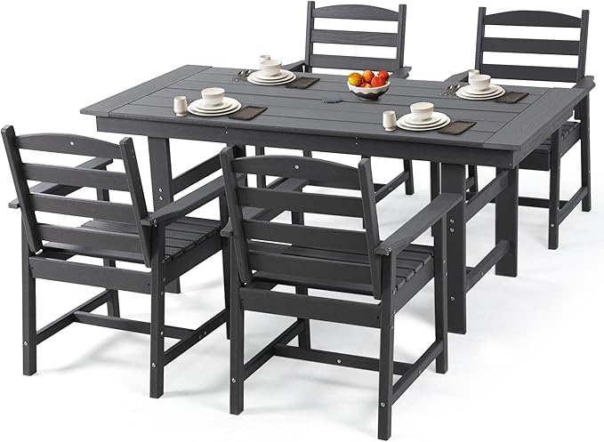 MELLCOM 5 Pieces Patio Dining Table Sets, Outdoor HDPE Dining Furniture Set with Umbrella Hole Table and 4 Chairs for Deck, Garden, Backyard
