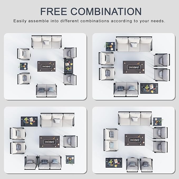 9 Pieces Patio Furniture Set, Metal Outdoor Conversation Sets with Fire Pit Table and Swivel Chairs for Backyard Garden Deck Porch Poolside (Thick Beige Cushions)