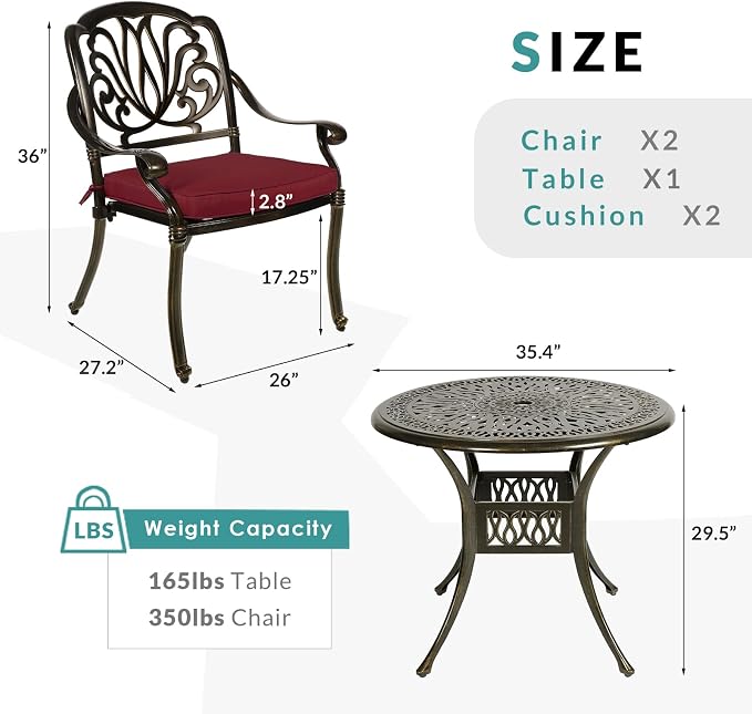 MEETWARM 3 Piece Patio Bistro Set, Outdoor All-Weather Cast Aluminum Dining Furniture Set Includes 2 Cushioned Chairs and a 35.4” Round Table with Umbrella Hole for Garden Deck, Chili Red