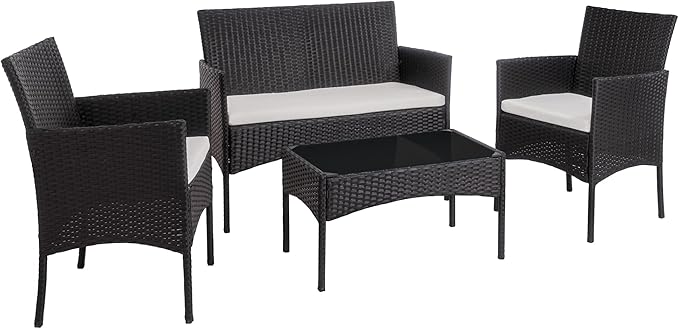 SUNLEI Modern Black Rectangular Patio Conversation Set, 4 PCS-White Cushion, Glass Table, Outdoor Indoor Use Backyard Porch Garden Poolside