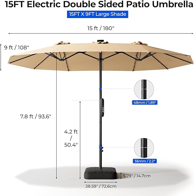 HOMSHADE 15FT Motorized Electric Large Patio Umbrella with Base and Solar Lights Outdoor, Double-Sided Rectangle Umbrella with Remote Control, 30° Auto-Open for Pool Deck Table Market Backyard, Beige