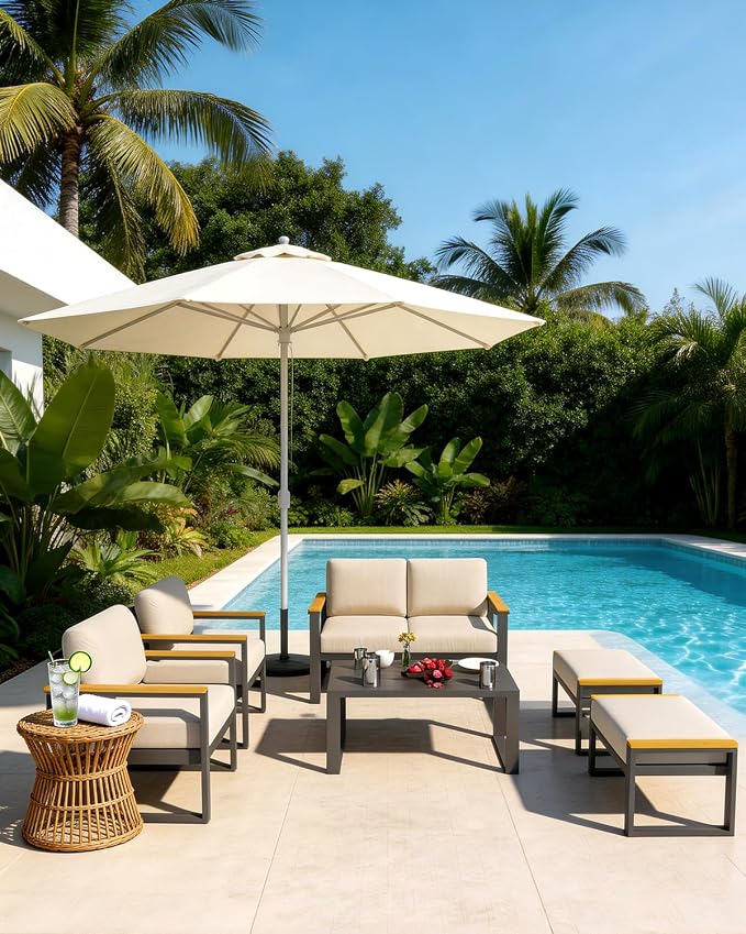 IDEALHOUSE Aluminum Patio Furniture Set, 6 Seats Outdoor Patio Conversation Sets with Coffee Table, 6 Pieces Metal Conversation Sectional Furniture Sofa for Balcony, Garden, Deck, Backyard,Beige
