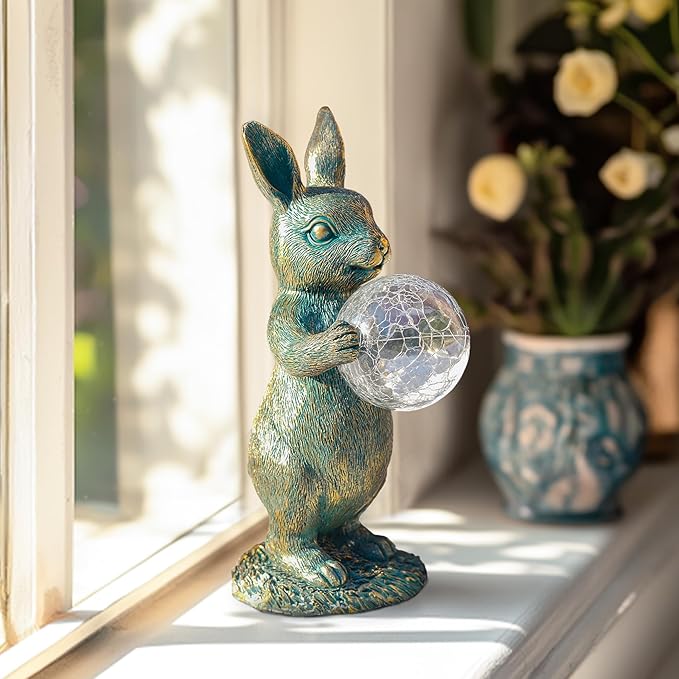 Solar Rabbit Statue with LED Lights, Outdoor Garden Decor, Bunny Figurine for Patio Yard, Lawn Ornament, Easter & Housewarming Gift