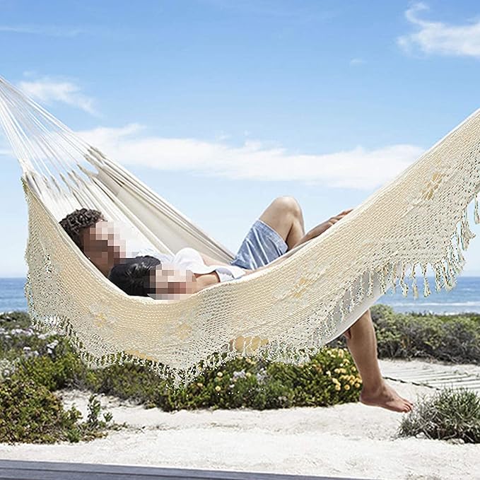 RUVOO Hammock Camping Hammock Swinging Hammock Fringed White Canvas Fabric Portable Hammock for Camping Outdoors Or Gardens and Travel Hammocks for Outside