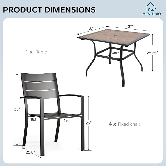 MFSTUDIO Patio Dining Set for 4, Metal Patio Table and Chairs Set with Umbrella Hole, 5 Piece Outdoor Furniture Dining Set for Deck Backyard Garden