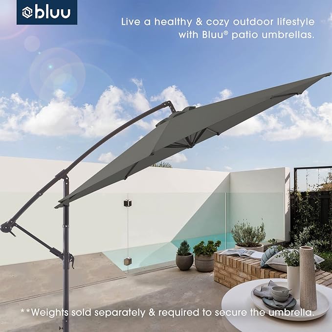 BLUU 10 FT Patio Offset Umbrella Outdoor Cantilever Umbrella Hanging Umbrellas, Fade Resistant & Waterproof Solution-Dyed Canopy Fabric with Infinite Tilt, Crank & Cross Base (Dark Grey)