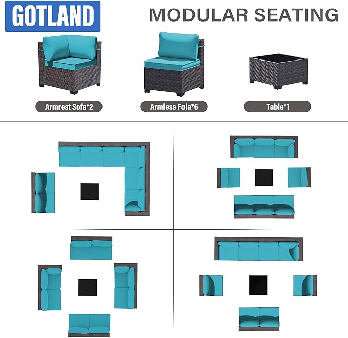Gotland 9 Pieces Patio Furniture Set with 29.5'' High Backrest, All Weather PE Wicker Outdoor Furniture with 4’’ Thickened Cushions Coffee Table, Patio Set for Deck, Garden, Backyard, Blue