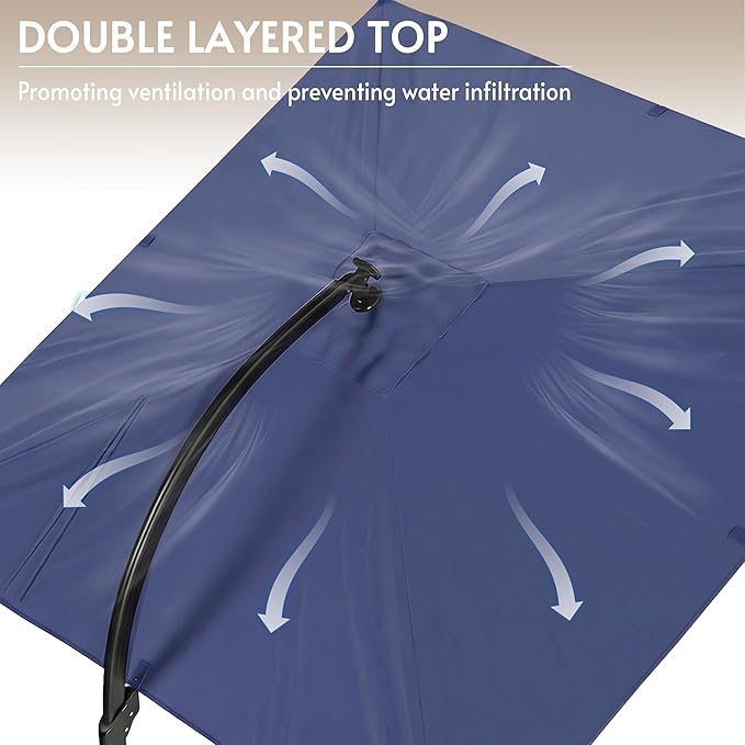 11x11FT Solar Powered LED Light Cantilever Patio Umbrella with Base Included, Large Cantilever Umbrella with 360°Rotation, Heavy-Duty Offset Outdoor Umbrella for Patio,Pool,Backyard (Navy blue)