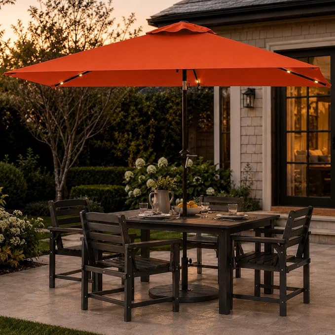 6.5 x 10ft Rectangular Patio Umbrella with Solar Lights, 16 LED Lighted Market Umbrella with Push-Button Tilt and Crank, 6 Sturdy Iron Ribs for Garden, Deck, Pool, Terracotta