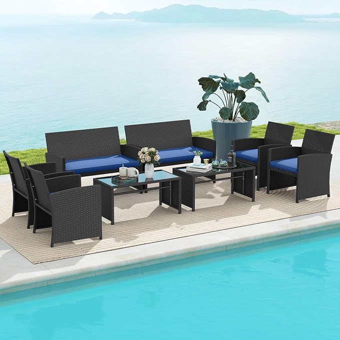 RELAX4LIFE 8-Piece Patio Furniture Set - Wicker Rattan Outdoor Sectional Sofa Set w/Glass Coffee Table, Loveseat, Chairs & Soft Cushions, Bistro Conversation for Garden Porch (2, Black-Navy)