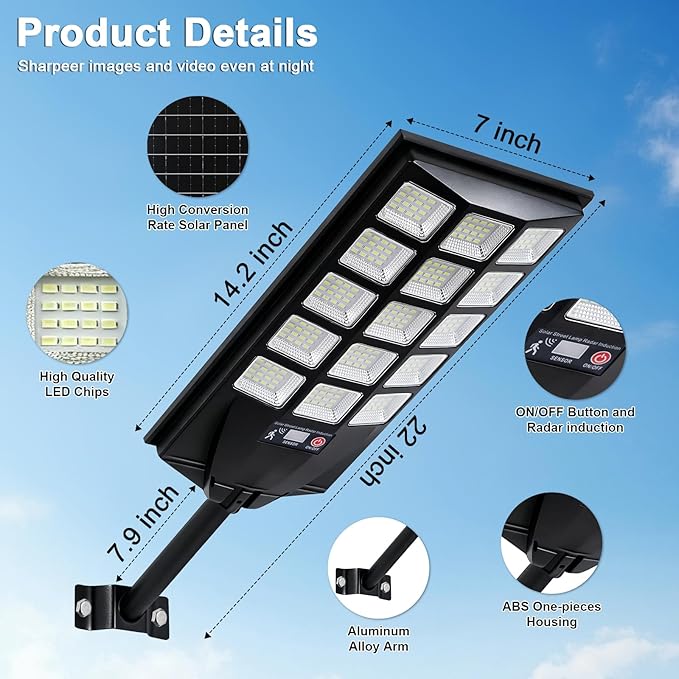 Jercoda Solar Lights Outdoor Waterproof, 50000LM 6500K Dusk to Dawn Solar Powered Street Light Motion Sensor with Remote, LED Security Flood Light for Outside Garden Yard Parking Lot Pathway, 2 Pack