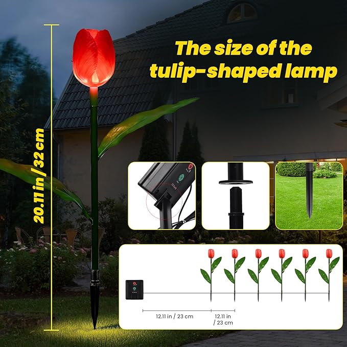 Solar Garden Lights Outdoor - Upgraded Brighter Tulip Lights with 6Pack Realistic Solar Flower,IP65 Waterproof Outdoor Garden Decor for Yard Lawn Pathway,Gift for Mom Women,Red