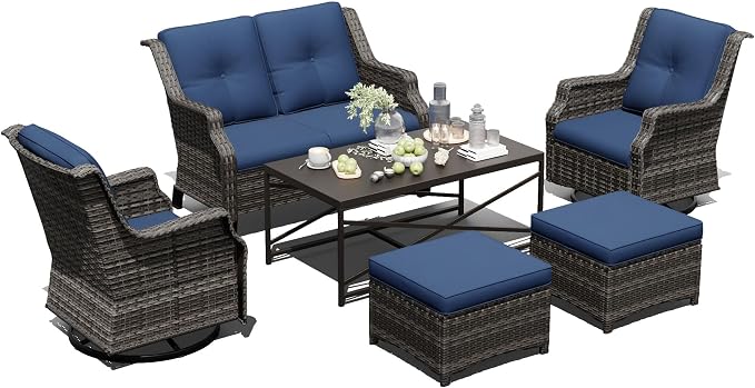 Outdoor Patio Furniture Set, 6 Piece Wicker Patio Furniture with Thick Cushions, Curved Armrest, Deep Seating, Outdoor Swivel Rocker Chairs for Porch, Deck, Balcony