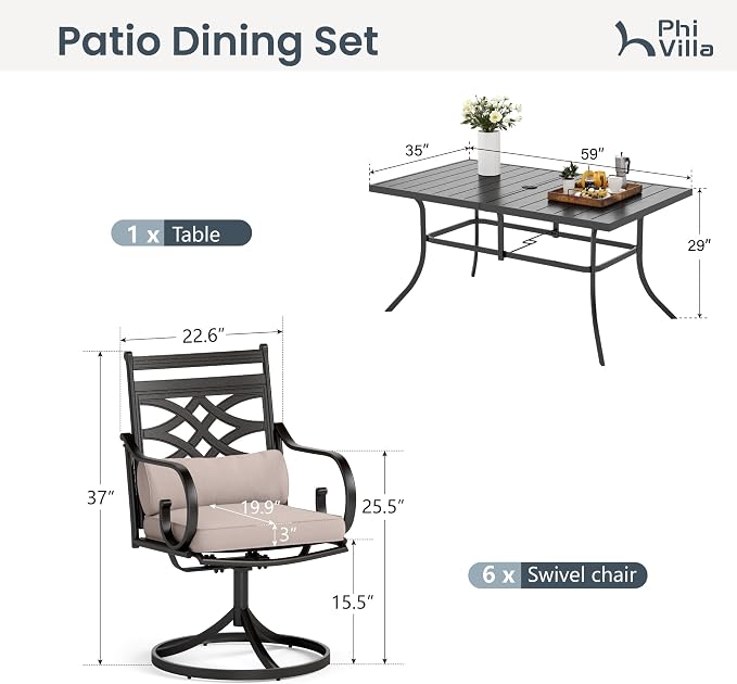 PHI VILLA 7 Piece Patio Dining Set, Swivel Chairs, Rectangular Steel Table | Metal chairs, Beige Cushion, Cushions, E-coated