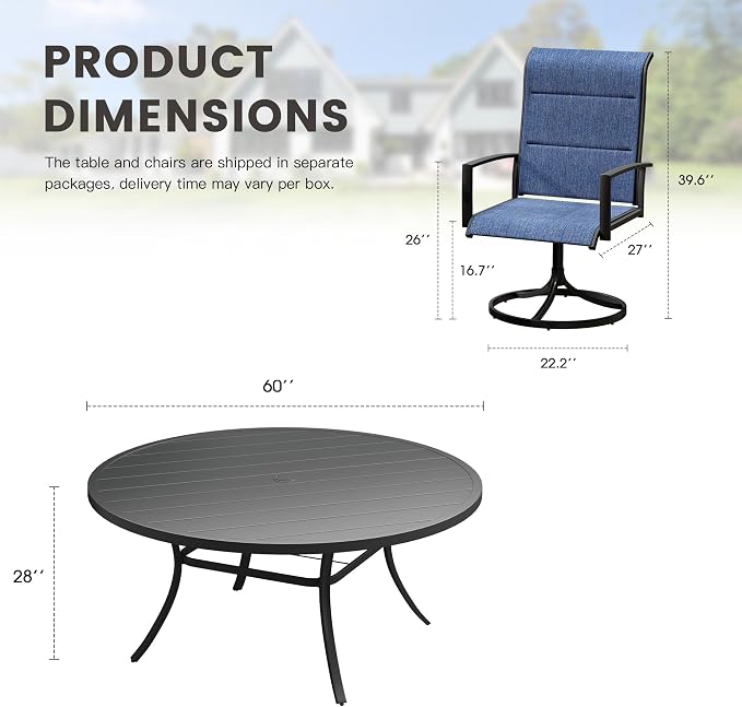 Outdoor Dining Set for 8, 60" Outdoor Dining Table with Umbrella Hole and Padded Textilene Patio Swivel Chairs, 9 Pieces Patio Table and Chairs Set for Garden Backyard, Dark Blue and Black