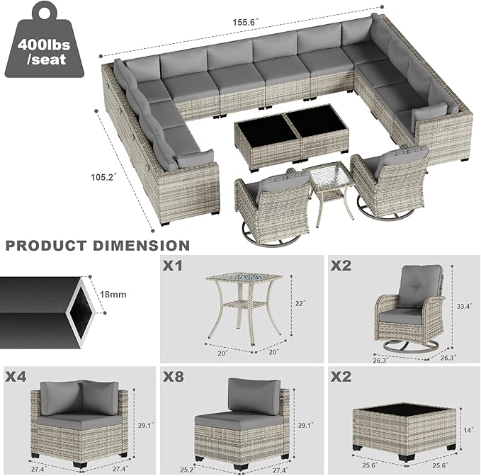 17-Piece Patio Furniture Set, Outdoor Patio Furniture with Swivel Chairs Set, Thick Cushions, Modular Patio Sofa, Dual-Strand Wicker Rattan, Rust-Resistant Frame, Grey