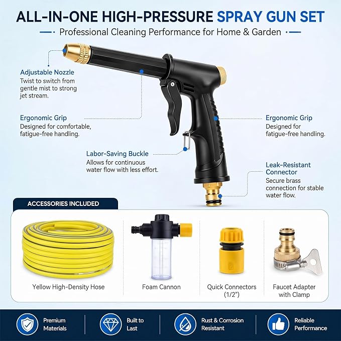 High Pressure Sprayer for Car Wash & Patio Cleaning, Easy Outdoor Watering Tool for Homeowners (BB+5 m Hose)