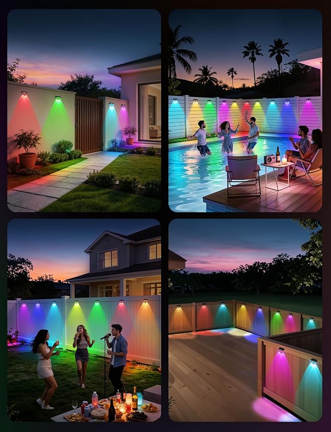 Solar Fence Lights Outdoor, 16 Pack Color Changing Fence Lights Solar Powered with 9 RGB Colors & 11 Lighting Modes, IP65 Waterproof Dusk to Dawn Fence Lights for Patio, Deck, Wall, Backyard