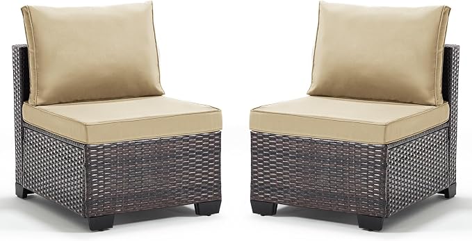ANJ Outdoor Wicker Patio Chairs Set of 2, Modular Armless Patio Seating with Thick Cushions, All-Weather Rattan Conversation Chair Set for Porch, Balcony, Garden, Backyard, Dark Brown Wicker-Camel