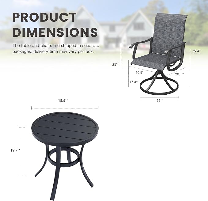 Outdoor Dining Set for 2, 18.5" Metal Round Patio Side Table and Sling Patio Swivel Chairs, 3 Pieces Patio Table and Chairs Set for Garden Backyard, Charcoal and Black