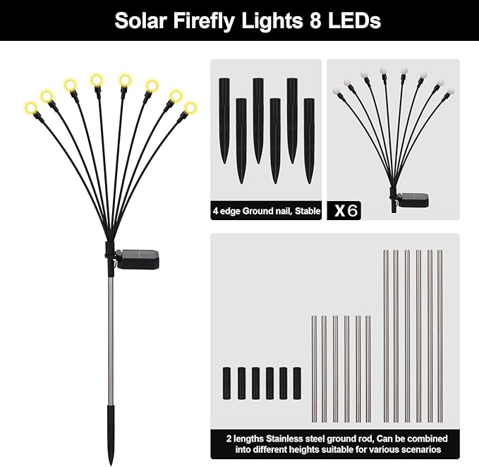 Firefly Lights Solar Outdoor, 8 Modes 800mAh Swaying Solar Firefly Garden Lights Stakes Outdoor Waterproof for Outside Yard Patio Plant Christmas Holiday Garden Decor Warm White(6 Pack)