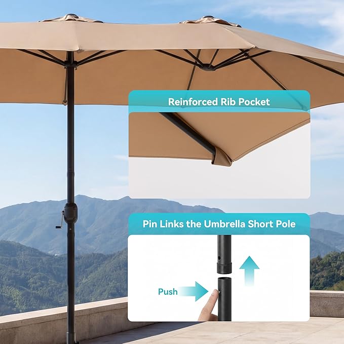 COSIEST 15FT Patio Umbrella with Base Included, Outdoor Double-Sided Table Umbrella,Large Rectangular Market Umbrella w Crank Handle for Garden, Pool, Deck Shade, Khaki