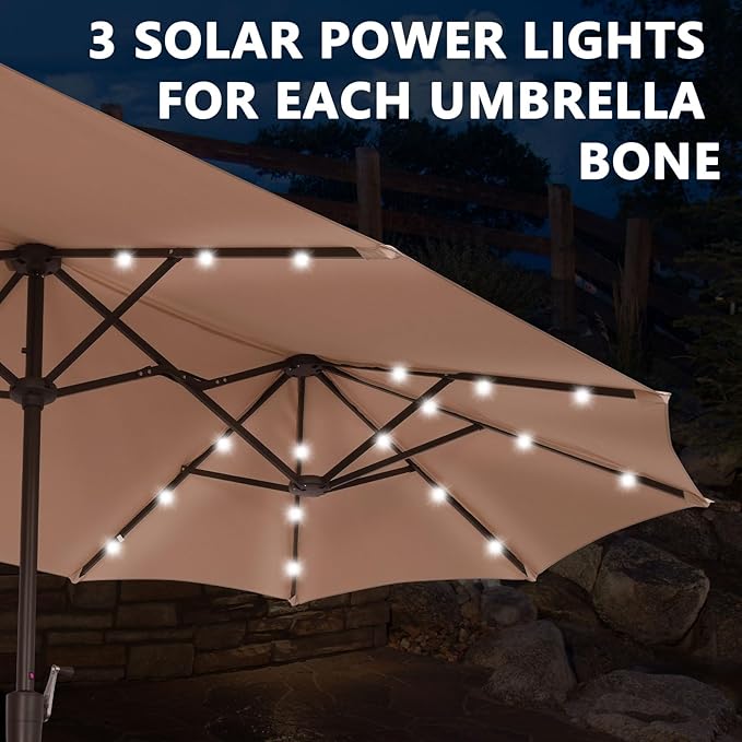 13Ft Large Patio Umbrella with Solar Lights Outdoor Double-Sided Market Table Umbrella Easy Crank for Yard, Poolside, Deck-Khaki