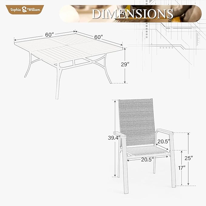 Sophia & William Patio Dining Set for 8, Lightweight Aluminum Outdoor Dining Chairs and Large Square Metal Table, Stackable Chairs and Easy to Move for Lawn Garden Yard (Blue)