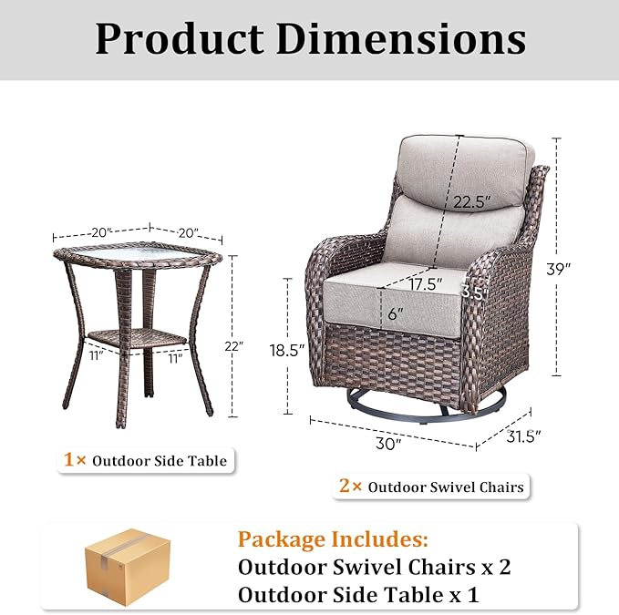 Luxury Outdoor Swivel Rocker Patio Chairs Set of 3, High Back Swivel Patio Chairs with Side Table & 6-Inch Thick Cushions, Wicker Outdoor Bistro Set for Porch, Yard, Deck, Poolside, Brown/Beige