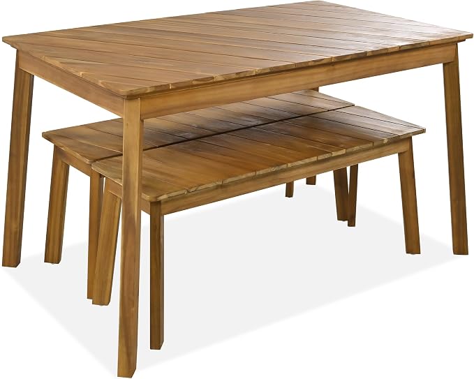 Acacia Wood Dining Table Set with 2 Benches, 3 Piece Kitchen Table Set for 4, Outdoor Indoor Dining Table for Small Space, Picnic Beer Table with Adjustable Foot Pads, Acacia Wood Color