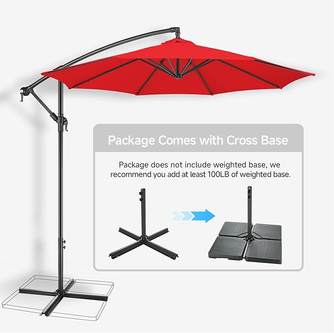 Offset Patio Umbrella Cantilever - 10 FT Cantilever Umbrella Outdoor with Crank and Cross Base, UV Protection Large Patio Umbrella for Garden, Deck, Backyard, Pool, Porch (Red)