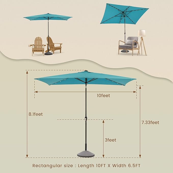 MONDAWE Rectangular Market Umbrella with Lights 10 x 6.5 FT Outdoor Solar LED Patio Umbrella Tilt and Crank Aluminum Commercial Table Umbrella for Pool Backyard Balcony