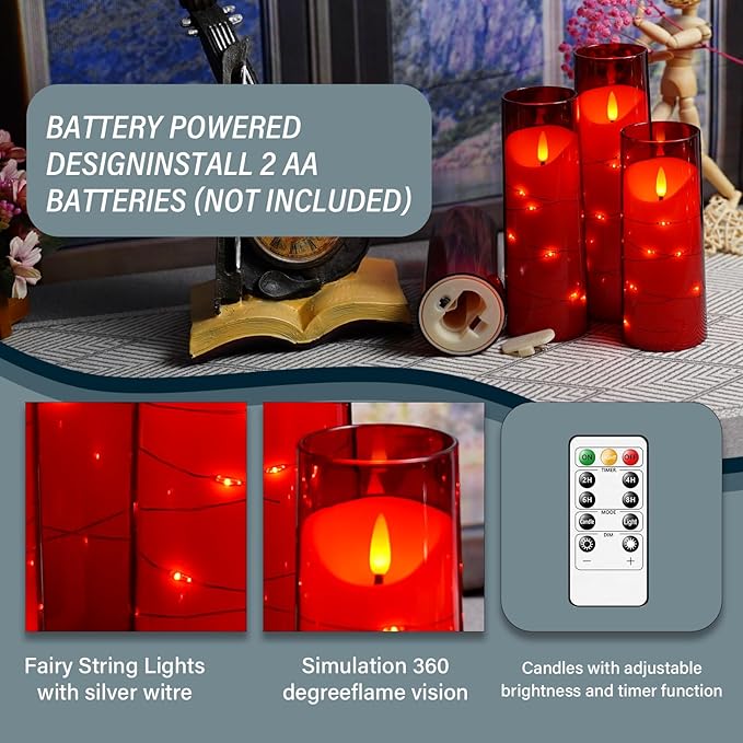 Eebuss Flameless Candles with Embedded Star String, Battery Operated LED Pillar Candles with Timer and Remote Control,Home Decorating for Ambiance, Set of 9 (Red)